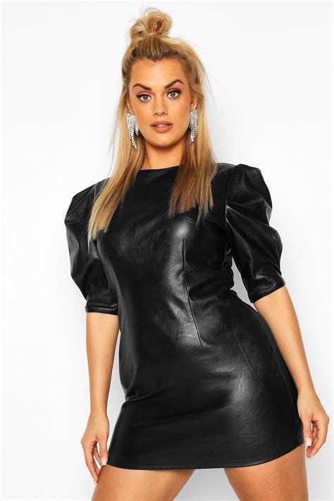 Plus Leather Look Puff Sleeve Shift Dress Boohoo In 2020 Plus Size Cocktail Dresses Bodycon