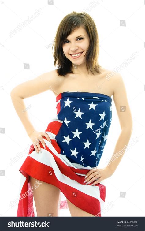 Portrait Of A Sexy Beautiful Nude Woman Wrapped Into The American Flag