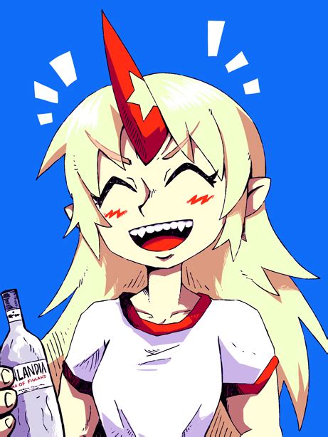 setz hoshiguma yuugi touhou 1girl d alcohol blonde hair blue background blush