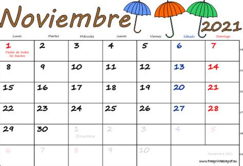 Calendario Noviembre 2021 Para Imprimir 印刷pdf無料