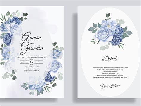 Romantic Wedding Invitation Card Template Set With Blue Floral By Maria