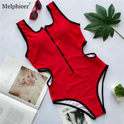 Cheap Price Zipper Bodysuits One Pieces Sexy Swimsuit Solid Swimwear Red Hollow Bikini Women