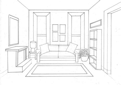 One Point Perspective Drawing Room Interior Rectangle Circle