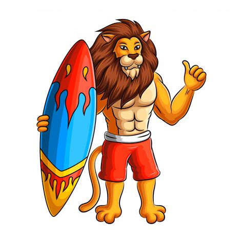 Premium Vector Surfer Lion Cartoon Character