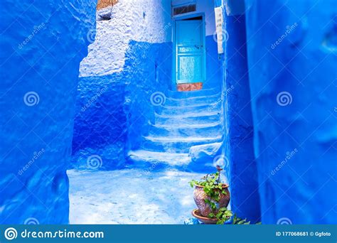Narrow Street In The Blue City Chefchaouen Morocco Stock Image