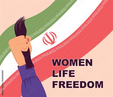 Iranian Woman Holding Hand Up With Cut Hair Banner Design With National Iranian Flag On
