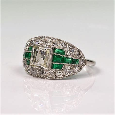 Platinum Art Deco Antique Emerald And French Cut Diamond Ring For Sale