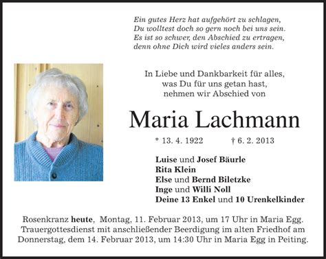 Traueranzeigen Von Maria Lachmann Trauermerkurde