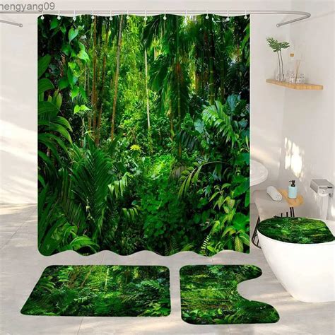 Nature Inspired Bathroom Decor Set Forest Green Shower Curtain Rugs