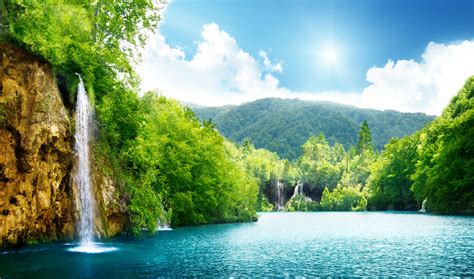 Waterfall Sea Lake Deep Forest Trees Sky Clouds Landscape Nature