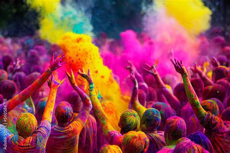 Happy Hindu Indian People Celebrate Holi Festival By Throwing Colorful Powder At Each Other