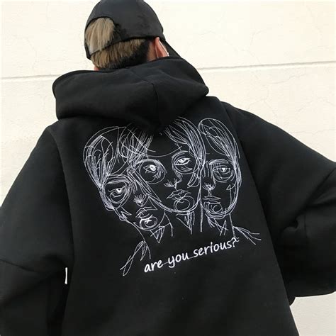 Korean Streetwear Harajuku Embroidery Character Graphic Hooded Loose Sweatshirt Oversized