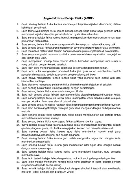 Pdf Angket Motivasi Belajar Fisika Ambf