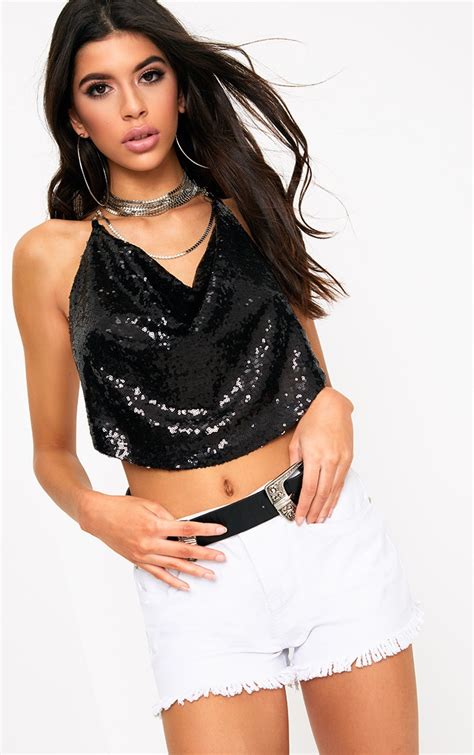 Black Cowl Neck Sequin Chain Crop Top Tops Prettylittlething