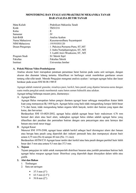 Analisa Butir Tanah Monitoring Dan Evaluasi Praktikum Mekanika Tanah Bab Analisa Butir Tanah