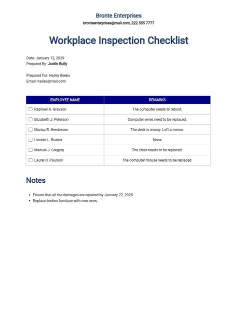 Workplace Safety Inspection Checklist Template Word