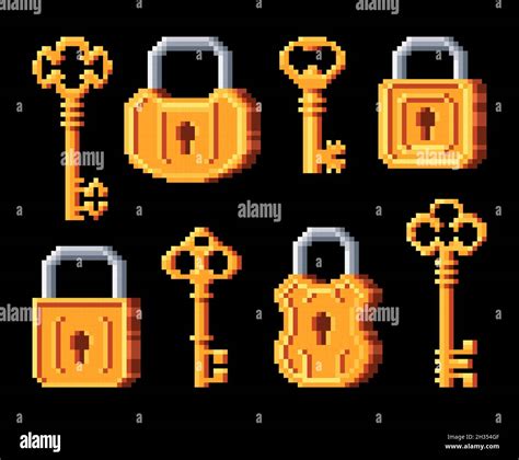 Vintage Golden Keys And Padlocks Pixel Art 8bit Game Icons Door Lock