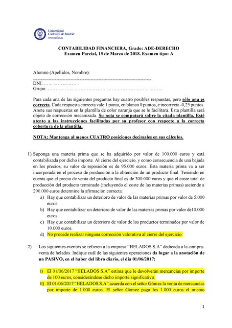 Examen 1 Marzo 2019 Preguntas Y Respuestas CONTABILIDAD FINANCIERA