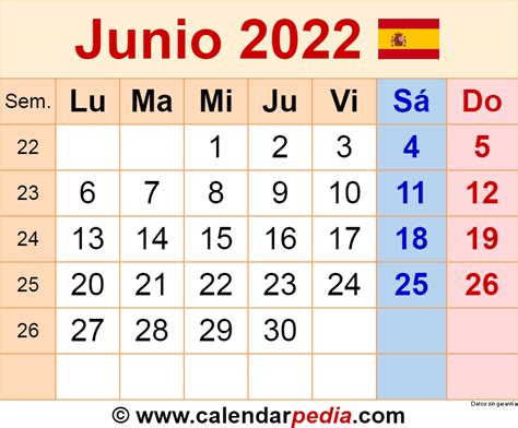 Calendario Junio 2022 En Word Excel Y Pdf Calendarpedia