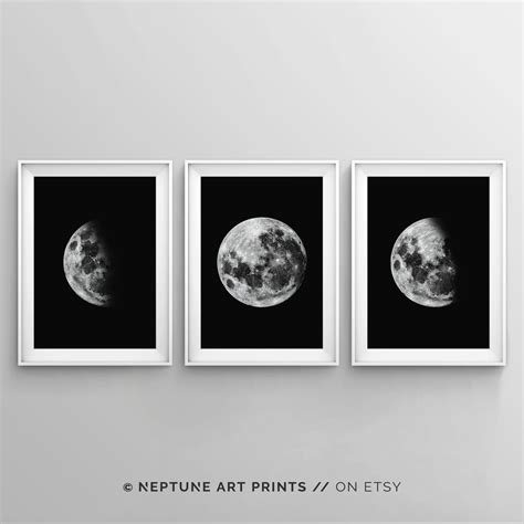 Set Of 3 Black And White Moon Phases Prints Minimalist Moon Etsy