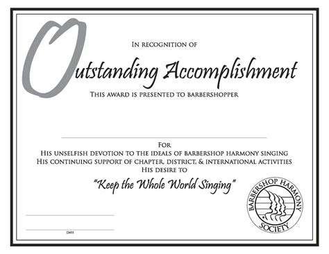 Outstanding Accomplishment Certificate - Barbershop Harmony Society
