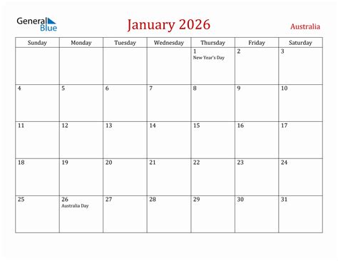 January 2026 Australia Monthly Calendar With Holidays