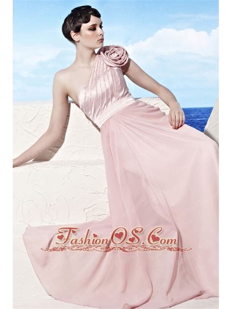Baby Pink Empire One Shoulder Floor Length Chiffon Pleat Prom Dress