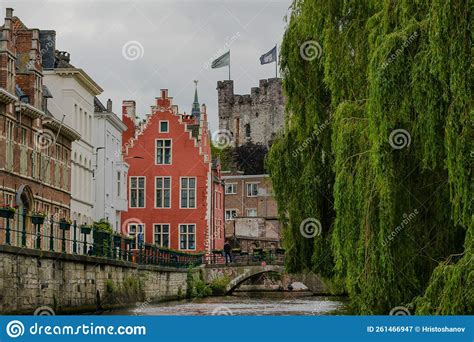 Belgium Ghent Old Town Historical Houses At River Leie At Dusk Stock