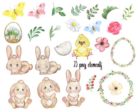 Watercolor Easter Bunny Clip Art Baby Happy Easter Set Flower Clipart