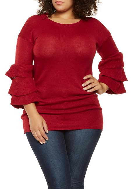 Plus Size Tiered Sleeve Knit Sweaterwine Knitted Sweaters Sweaters