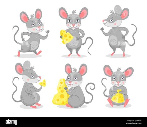 Funny Mice Characters Flat Icon Set Cute Happy Mouse Eating Cheese