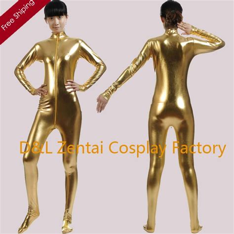 Free Shipping Dhl Sexy Unisex Gold Shiny Metallic Zentai Catsuit No Hood For Party Events