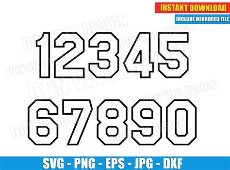 Jersey Uniform Number Outline Set Svg Dxf Png Sport Numbers Cut File