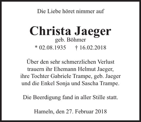 Traueranzeigen Von Christa Jaeger Trauerportal Ihrer Tageszeitung