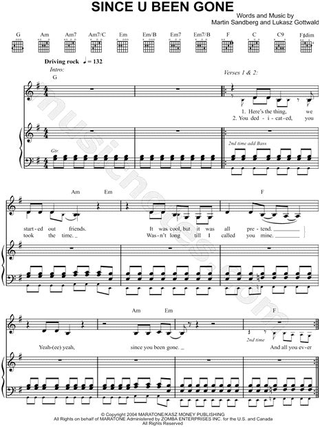 kelly clarkson since u been gone sheet music in g major transposable download and print