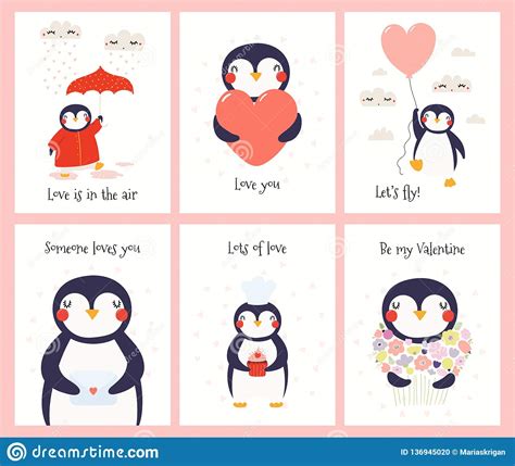 Cute Penguin Valentines Day Cards Set Stock Vector Illustration Of Cake Concept 136945020
