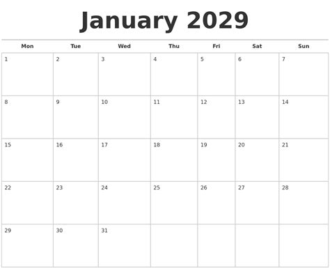 January 2029 Calendars Free
