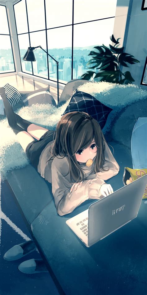 Download 1080x2160 Wallpaper Laptop Anime Girl Relaxed Original Art