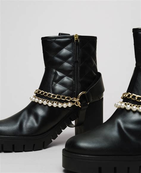 Biker Boots With Straps Chain And Pearls Woman Black Twinset Milano