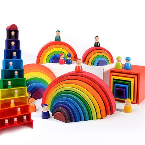 12 Pcs Large Wooden Rainbow Blocks Wood Toy Stacker Kids Creative