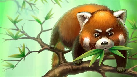 Download Wallpaper 1920x1080 Red Panda Branches Leaves Animal Art
