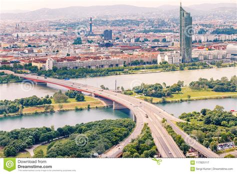 Panorama Of The Danube River In Vienna Austria Stock