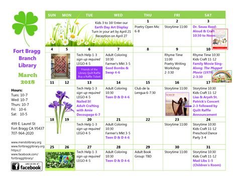 March Calendar Of Events For Fort Bragg Library Fort Bragg Library