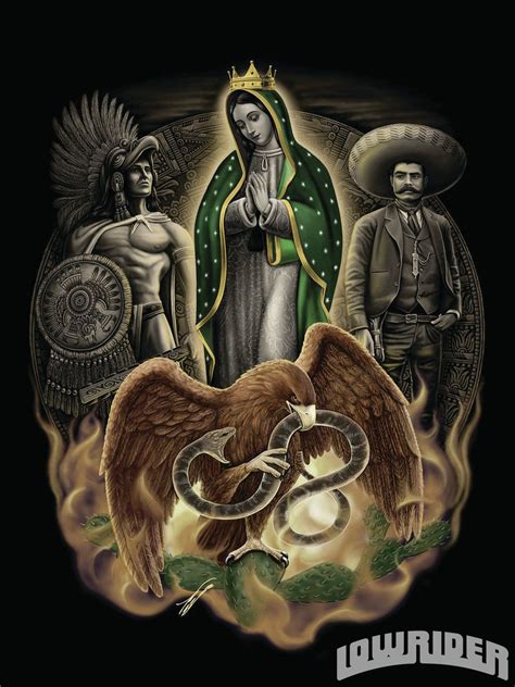 An Image Of The Virgin Mary With Two Snakes And Three Men In Mexican