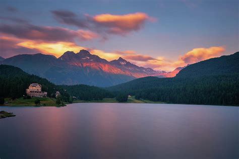 Sunset Above Lake St Moritzersee With Swiss Alps And A