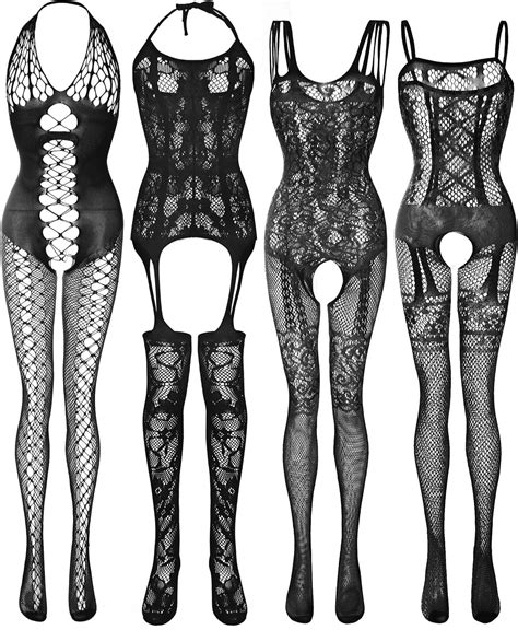 4 Pieces Women Mesh Lingerie Stockings Fishnet Dresses Hollow Fishnet