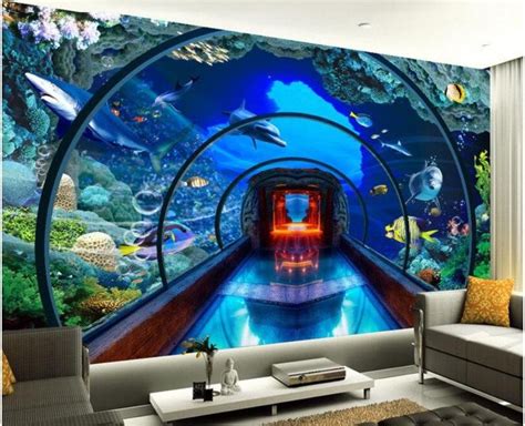 Underwater Glass Tunnel Aquarium Wallpaper Dolphins Fish Coral