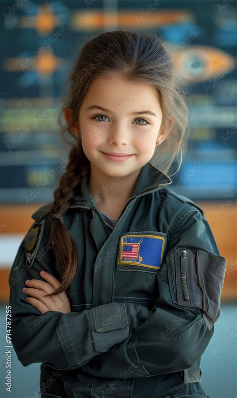 Smiling Kid Wearing Pilot Outfit Little Girl Wearing A Fighter Jet