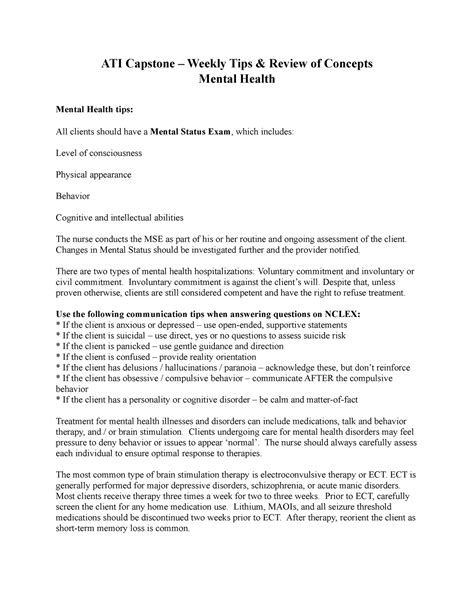 ATI Capstone - Mental Health - ATI Capstone – Weekly Tips & Review of
