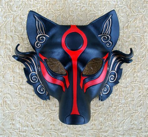 Black Okami Leather Mask Handmade Japanese Wolf By Merimask